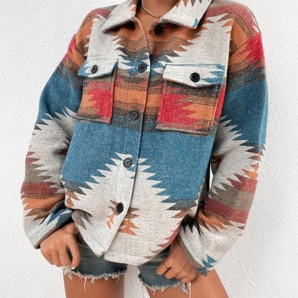 Boho Geometric Print Flap Pocket Jacket - Picture 4 of 8